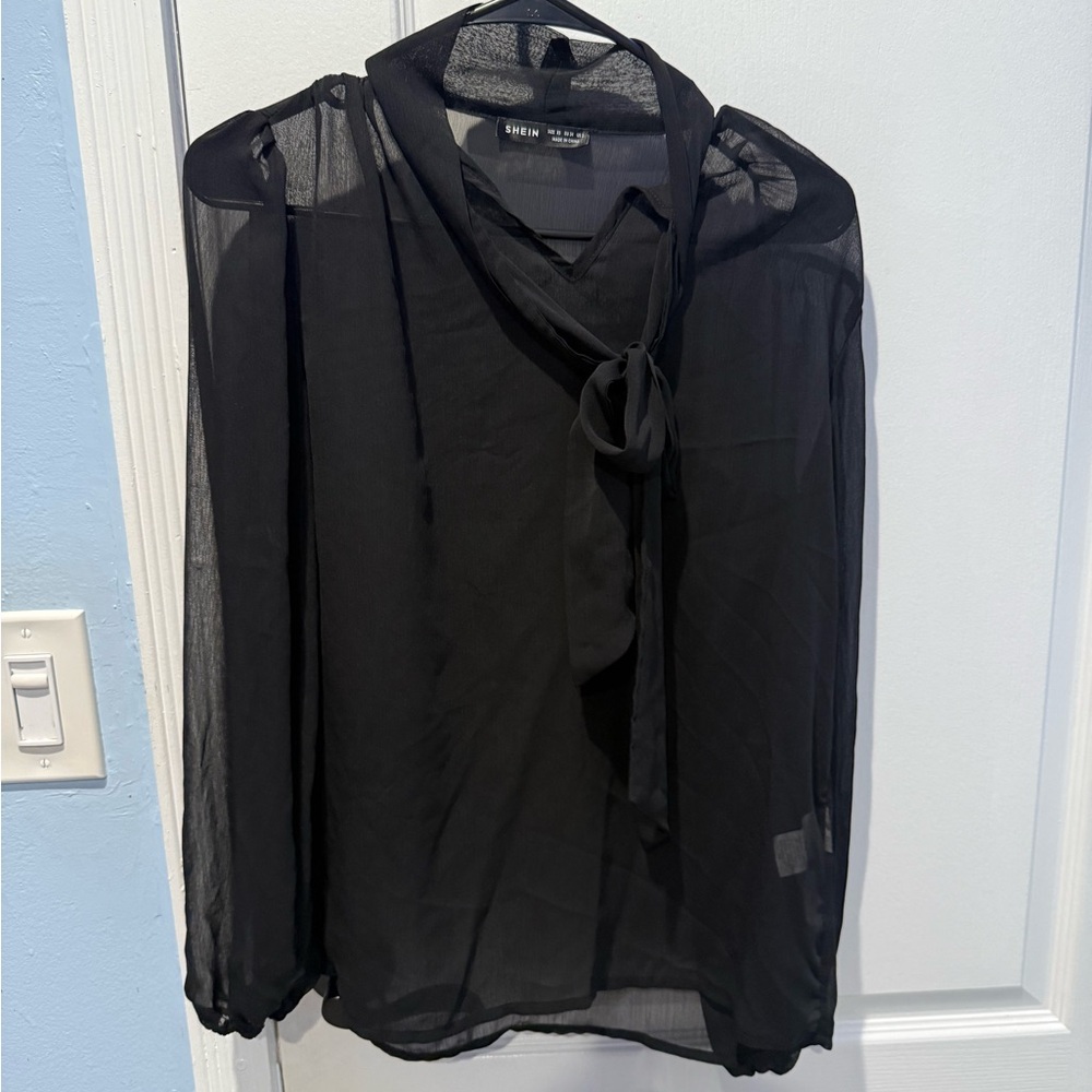 SHEIN Black Sheer Blouse with Tie Neck
